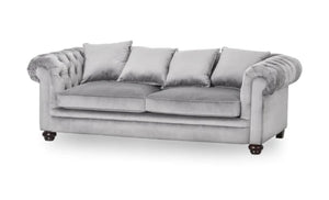 Grey Velvet Large Chesterfield Three Seater Sofa | Harvey Bruce Blinds, Shutters & Interiors 