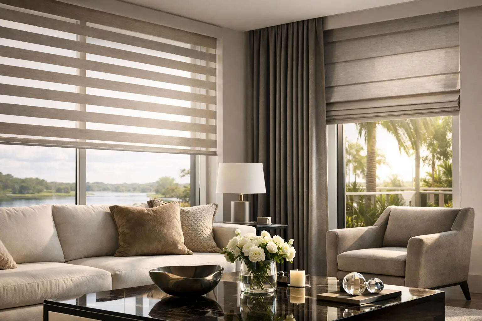 Refined living room with layered window treatments