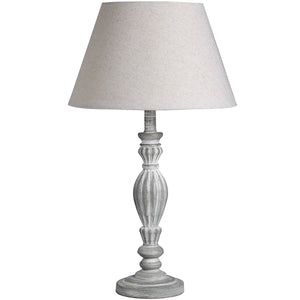 Harvey Bruce Aegina table lamp with a decorative gray base and a stylish fabric shade