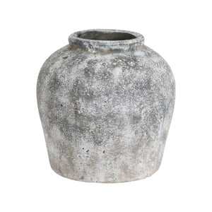 Aged stone ceramic vase with a rustic texture and neutral color, perfect for home decor
