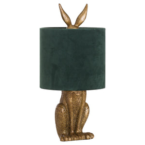 Antique gold hare table lamp with green shade, perfect for adding elegant charm to any room