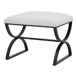 Harvey Bruce boucle ribbed foot stool with a plush white cushion and sleek metal base