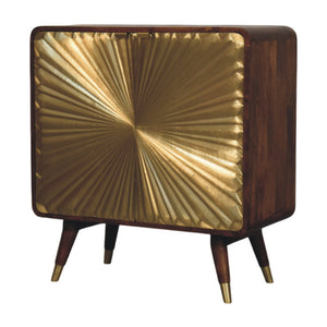 Elegant brass embossed cabinet with a ribbed design and wooden frame, perfect for stylish interiors