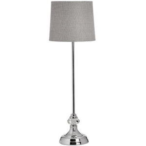 Contemporary table lamp with grey shade featuring a sleek chrome base and slim design