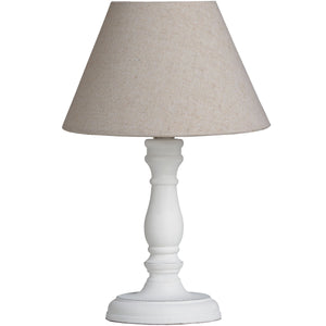 Harvey Bruce Cyrene table lamp featuring a white base and a neutral fabric shade for a stylish look