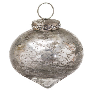Elegant silver teardrop Christmas bauble with a decorative cap featuring rhinestones for holiday decor