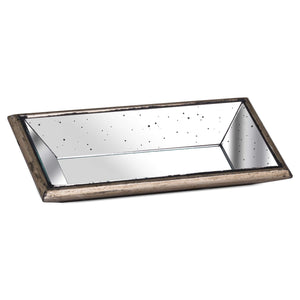 Distressed mirrored display tray with a vintage-inspired design and elegant finish