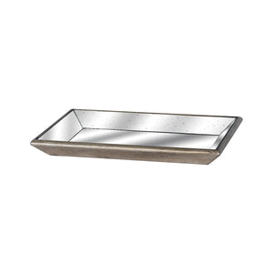 Distressed mirrored tray with a chic design, perfect for elegant home decor and serving needs