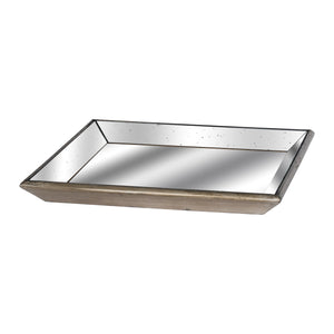 Distressed mirrored tray with wooden detail for elegant home decor and stylish display.