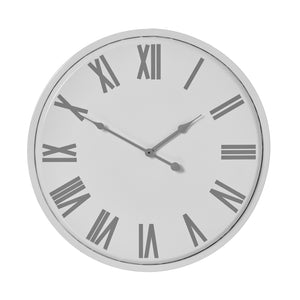 Harvey Bruce Flemings wall clock featuring a classic Roman numeral design and a sleek silver frame