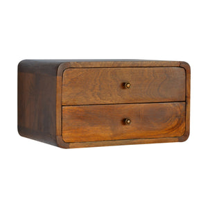 Floating curved chestnut bedside table with two drawers for elegant bedroom storage