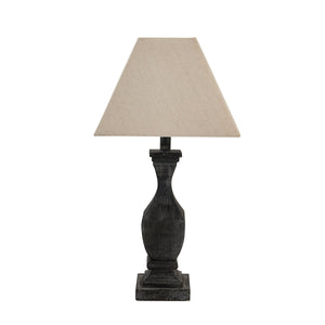 Harvey Bruce fluted wooden table lamp in dark finish with a beige shade for stylish home decor