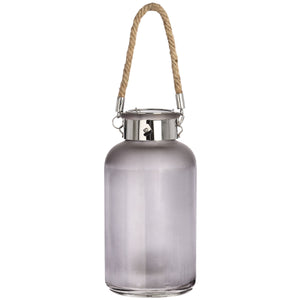 Frosted grey glass lantern with a rope handle for elegant outdoor or indoor decor