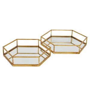 Gold hexagon tray set featuring elegant mirrored surfaces and geometric design for stylish home decor