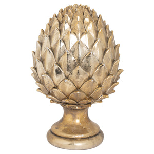 Elegant gold pinecone finial ornament on a sturdy base for home decor enhancement.