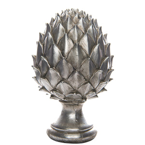 Large silver pinecone finial featuring intricate detail on a sturdy base for elegant home decor