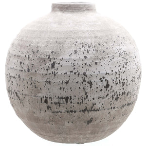 Large stone ceramic vase with a textured gray finish and rounded shape for home decor