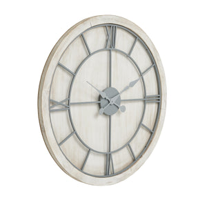 Large white wall clock with a minimalist design featuring gray hour markers and hands