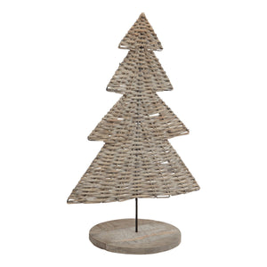 Large wicker Christmas tree ornament designed with a natural finish and sturdy wooden base