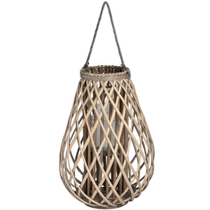Large wicker lantern with a woven pattern and hanging rope for outdoor decor
