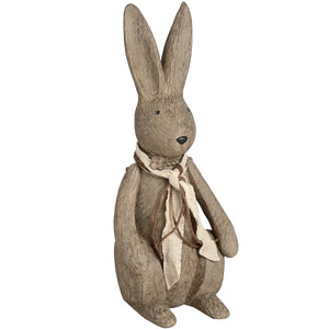 Large winter bunny rabbit ornament with textured fur and a rustic scarf for seasonal decor