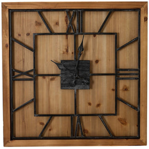 Large wooden wall clock with black metal accents and rustic design for home decor
