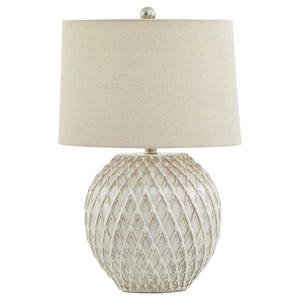 Lattice ceramic table lamp with a textured base and a beige lampshade for elegant home lighting