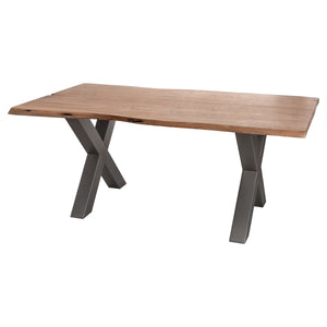 Harvey Bruce live edge dining table with a natural wood finish and modern metal base