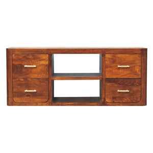 Luxury wooden media unit with four drawers and open shelving by Harvey Bruce Blinds Shutters Interiors