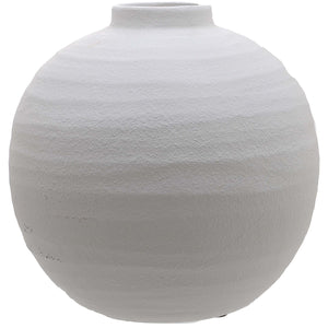 Textured matt white ceramic vase with a round shape for decorative use