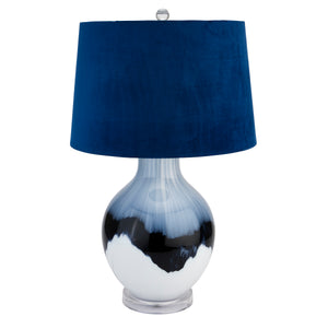 Navy blue lampshade table lamp with a stylish marble base in black and white for modern decor