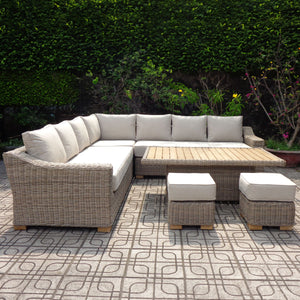 Harvey Bruce outdoor corner sofa set with riser table in a cozy patio setting