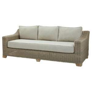 Harvey Bruce outdoor three seater sofa in neutral tones with comfortable cushions and stylish woven design