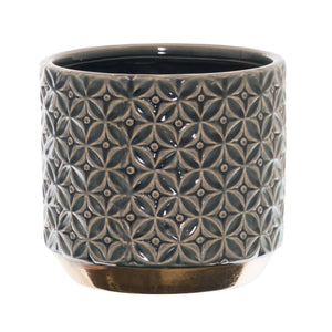 Seville Collection Lebes planter in textured dark ceramic with a shiny gold base for stylish plant display