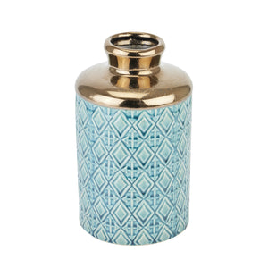 Seville Collection Paragon Bottle Vase with a geometric turquoise design and gold accent top