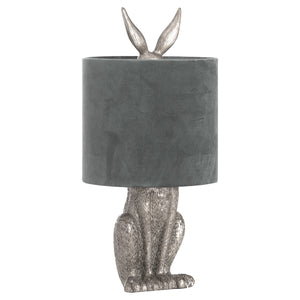 Silver hare table lamp featuring a detailed rabbit base and gray fabric shade for elegant decor