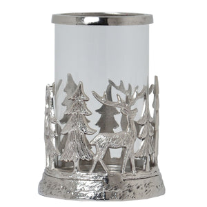 Silver Stag Hurricane Lantern with intricate deer and tree design for elegant home decor