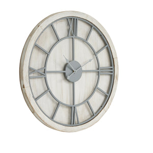Harvey Bruce Williston white wall clock with a rustic wood finish and gray metal accents