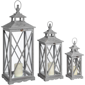 Harvey Bruce wooden lantern set for home decor in gray, featuring three sizes with candle holders