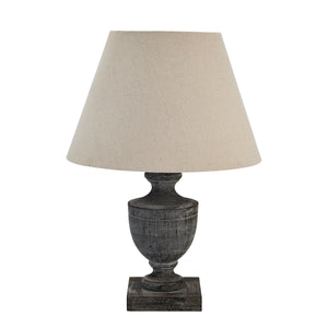 Harvey Bruce wooden table lamp with a rustic gray finish and a soft fabric shade for stylish lighting
