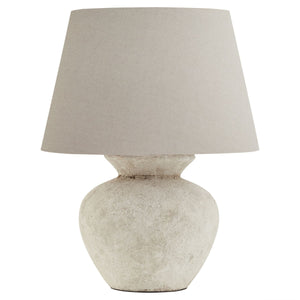 Athena Aged Stone Round Table Lamp With Linen Shade | Harvey Bruce Blinds, Shutters & Interiors 